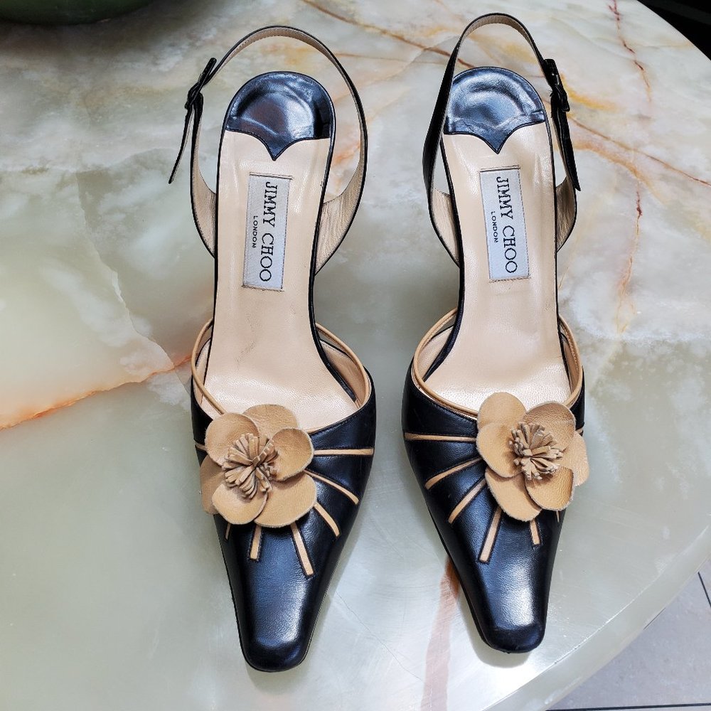JJIMMY CHOO BLACK BEIGE SLING BACK SIZE 8 1/2